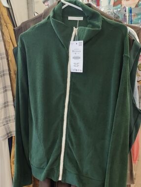 Zara Dark Green Zip-Front Sweatshirt with Cream Trim